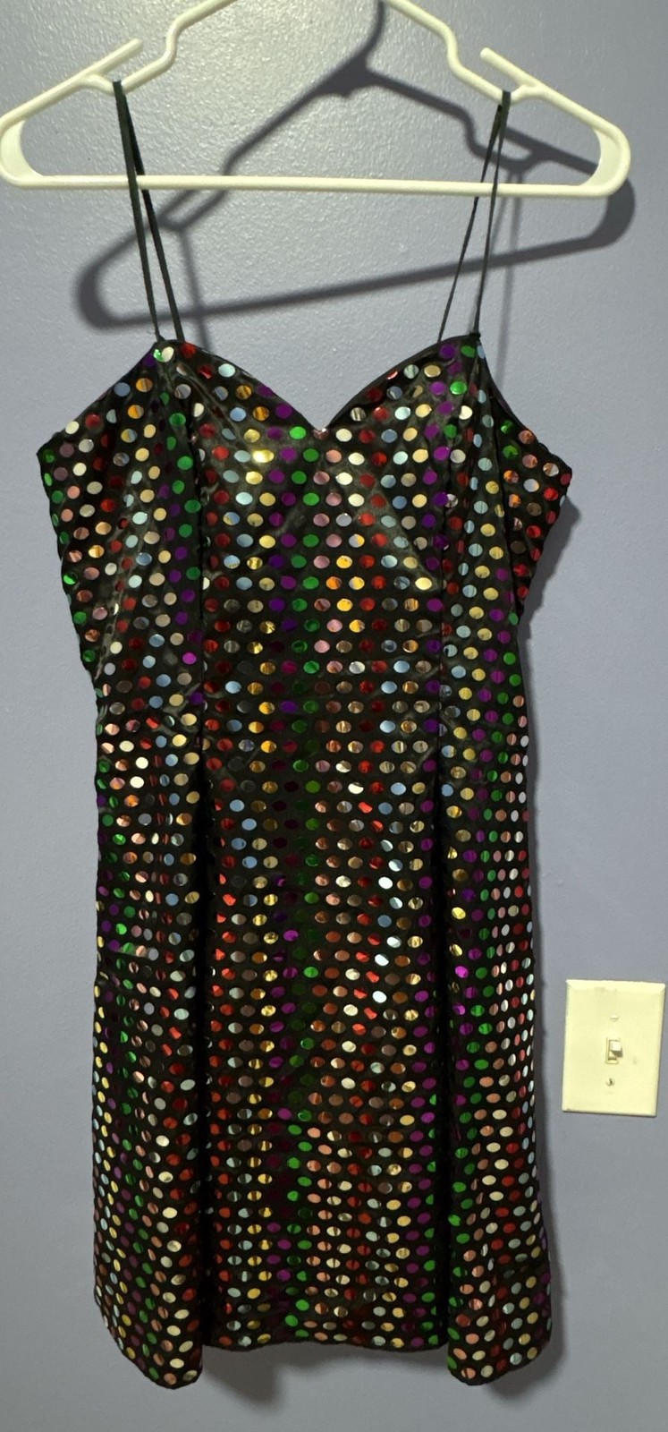 Deadstock Vintage Sequin Polka Dot Cocktail Dress Size 9/10 Black Rainbow Bow