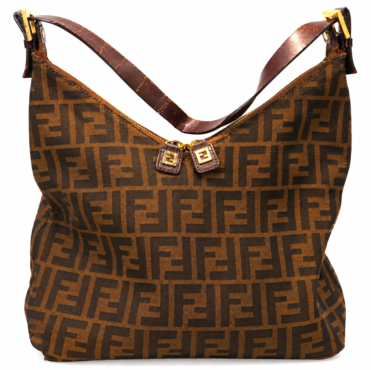 Fendi Zucca FF Monogram Hobo Shoulder Bag Brown Canvas Leather Vintage