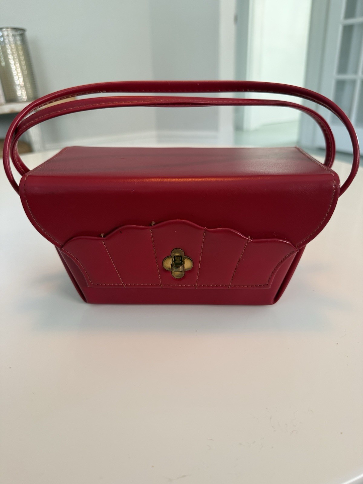 Vintage 1950s Red Box Purse Top Handle Vanity Train Case Handbag Mirror Mid Cent