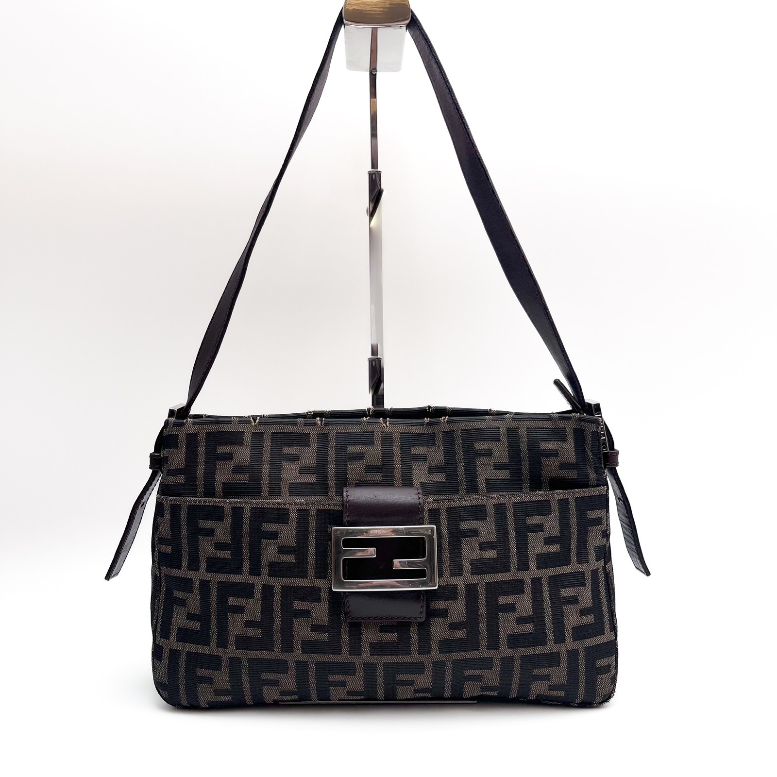 FENDI Mamma Baguette Zucca Shoulder Bag Canvas Leather Brown Vintage Authentic