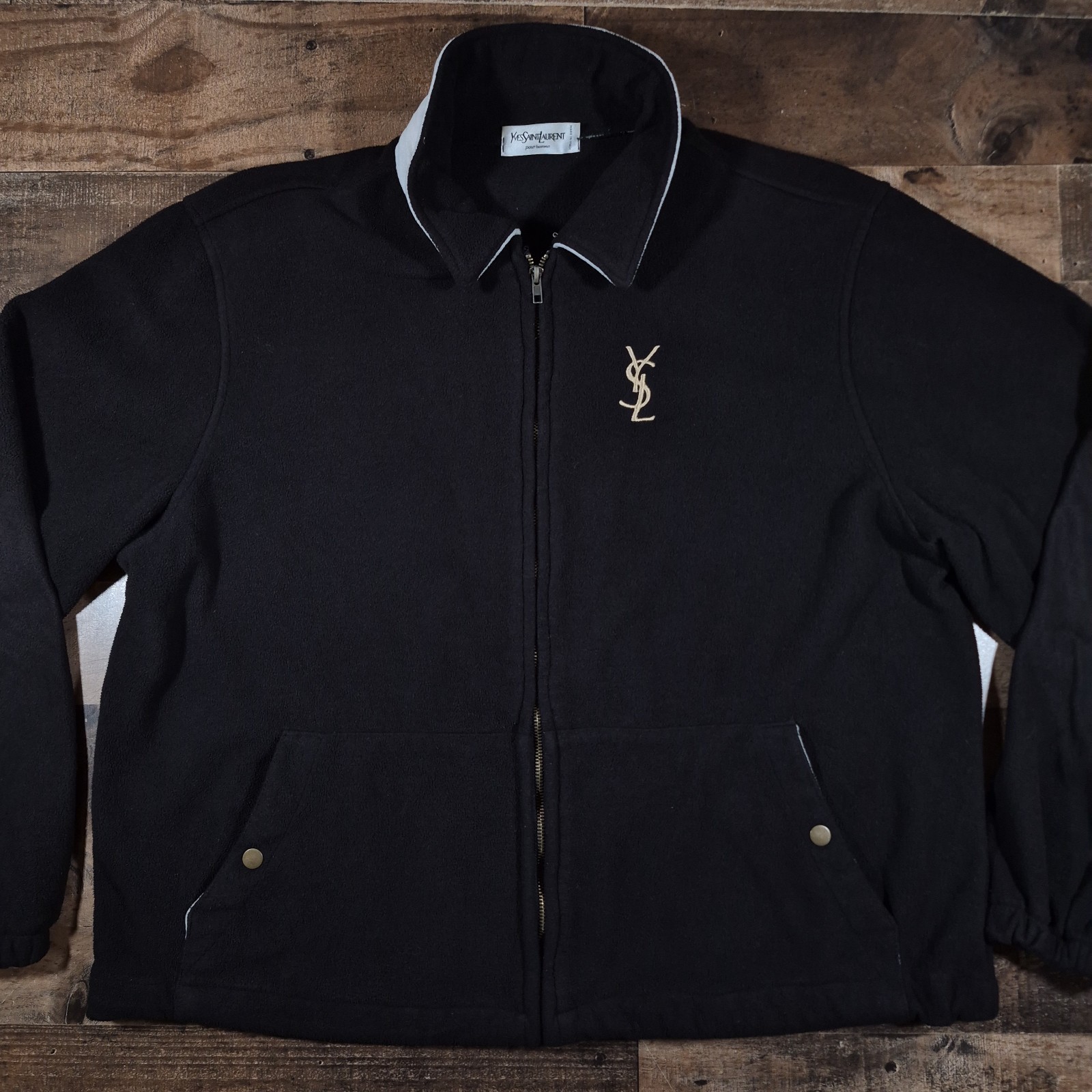 Vintage Yves Saint Laurent Fleece Jacket Men Large Black Logo Y2K YSL READ