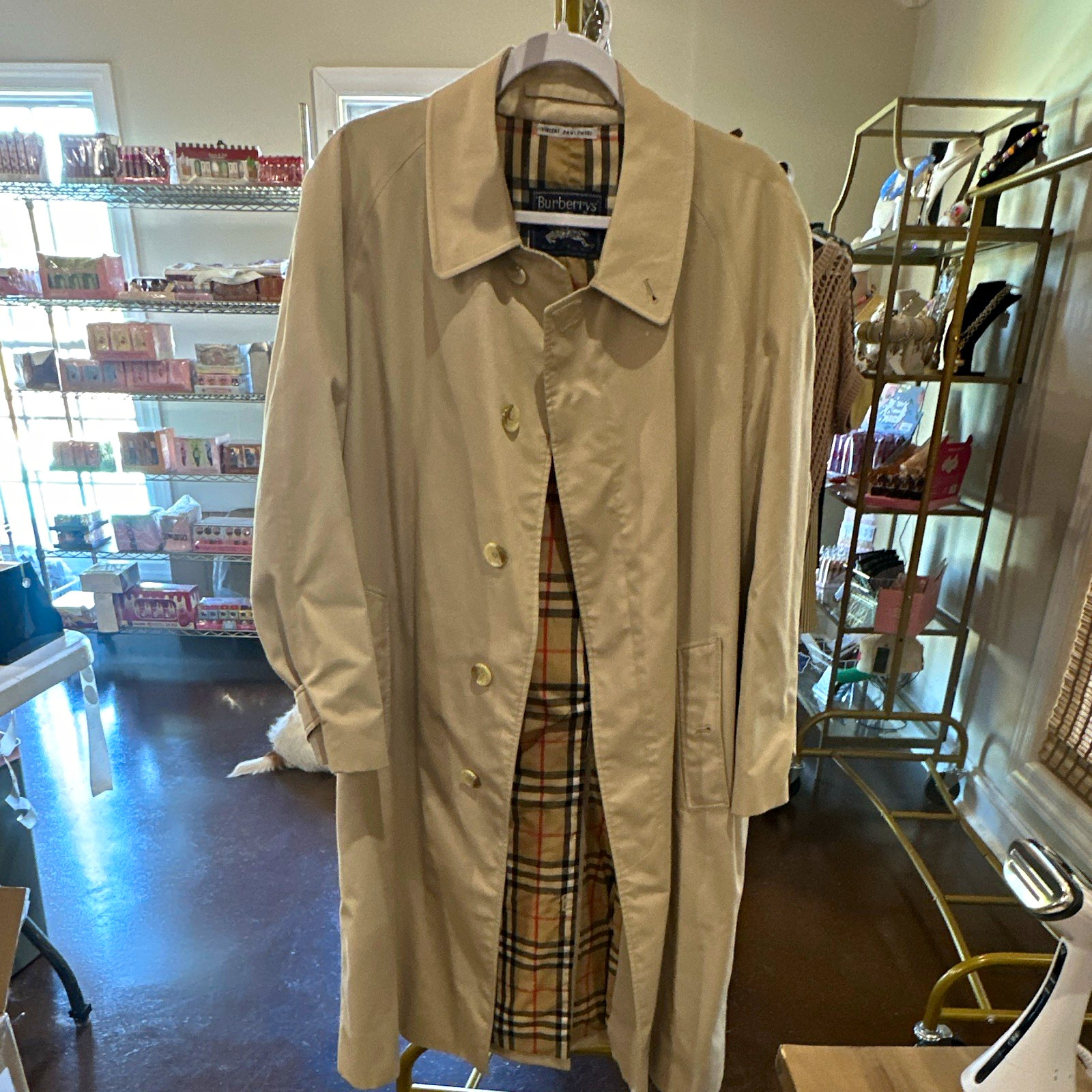 Burberrys Men's Beige Long Trench Coat 42 Cotton Lined Vintage Plaid Lining