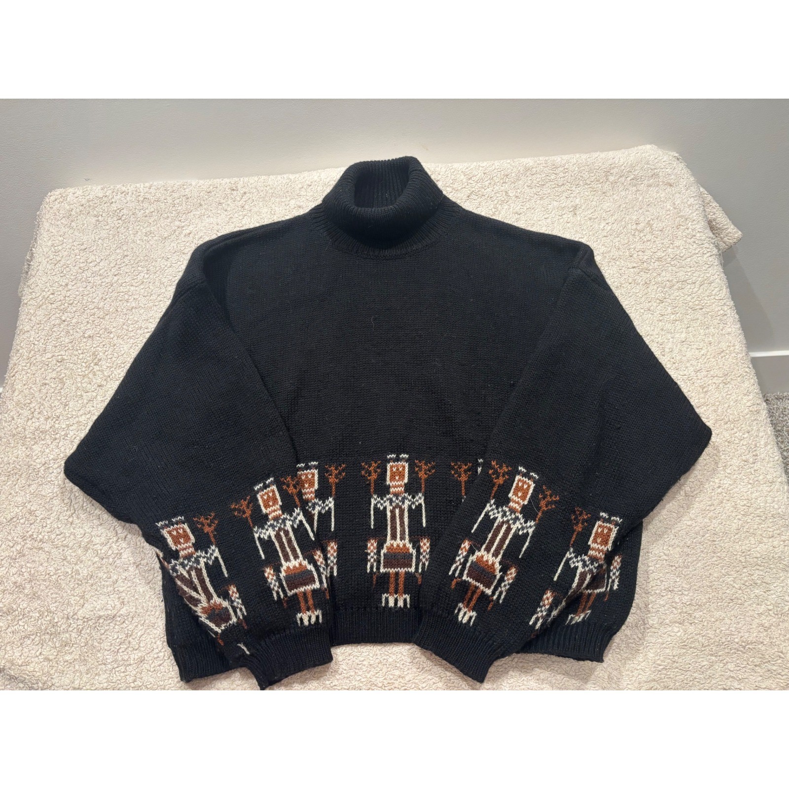 Vintage Benetton Italy Wool Blend Turtleneck Sweater Black Tribal Intarsia Knit