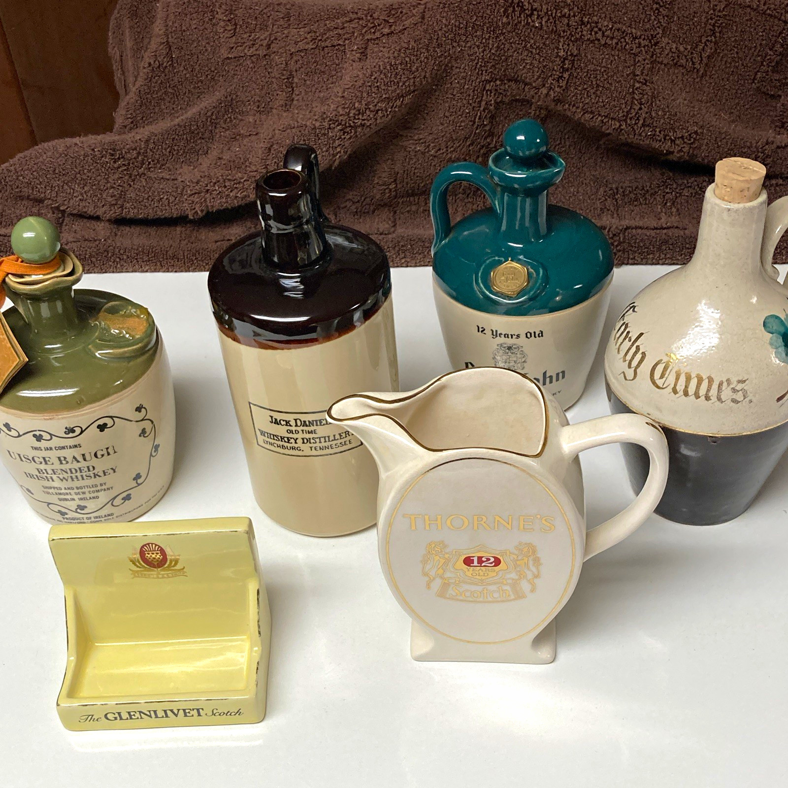 Vintage Whiskey advertising Pub Jug Whisky decanters and Glenlivet match holder