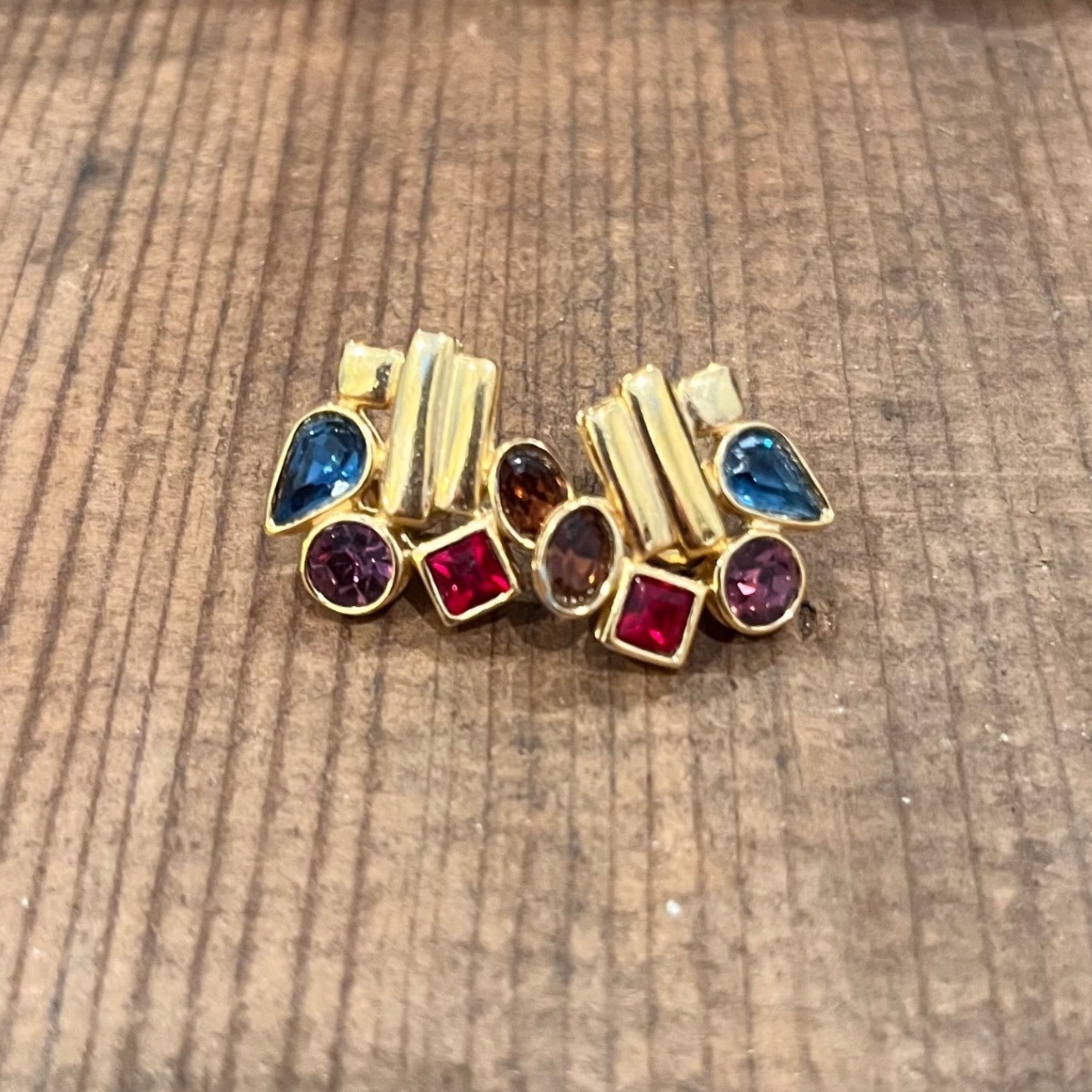 Givenchy Vintage Gold Tone Multi Color Crystal Cluster Stud Earrings