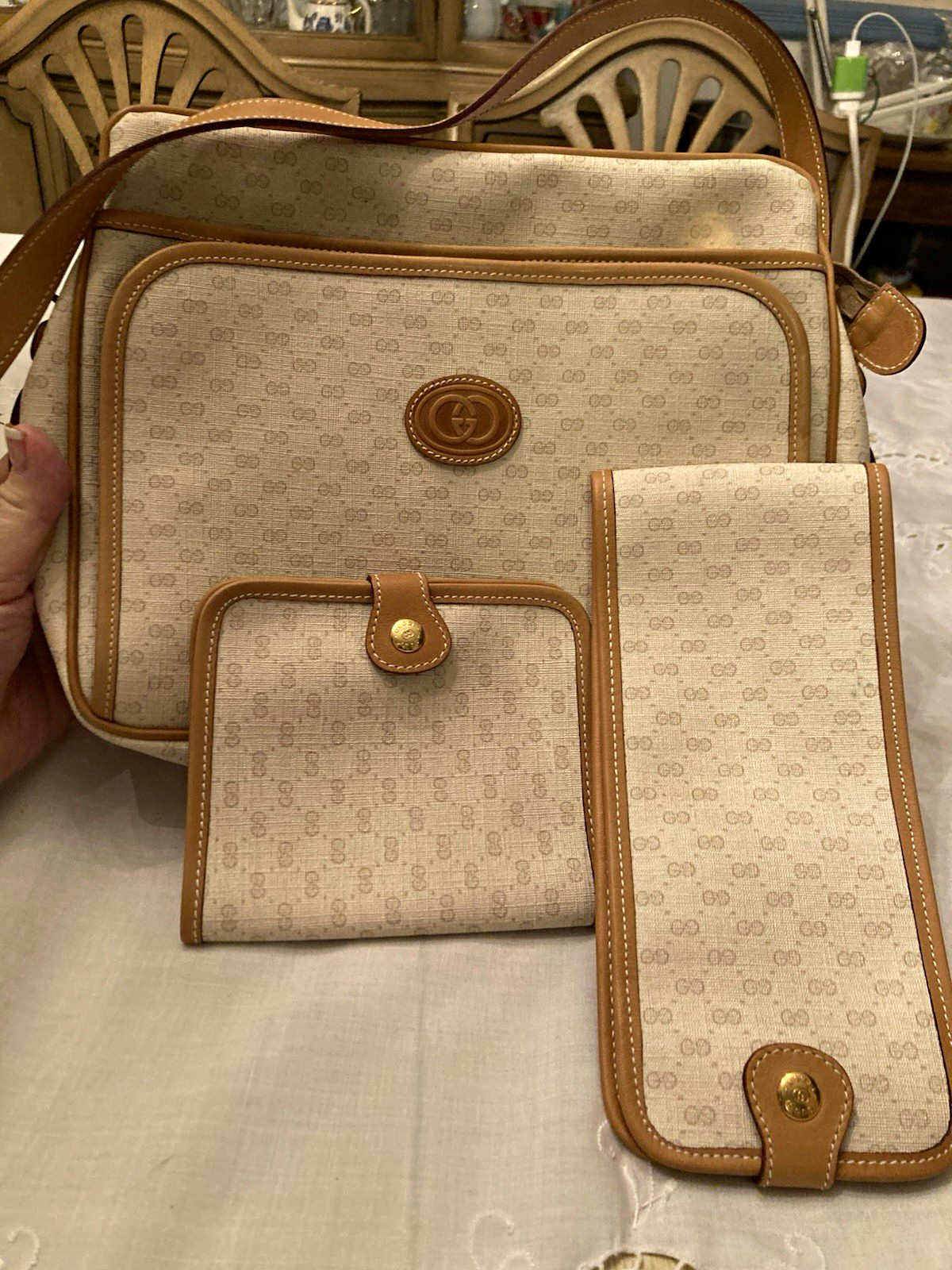 Vintage Gucci GG Monogram Messenger Bag 3-Pc Set Card Holder & Checkbook Holder