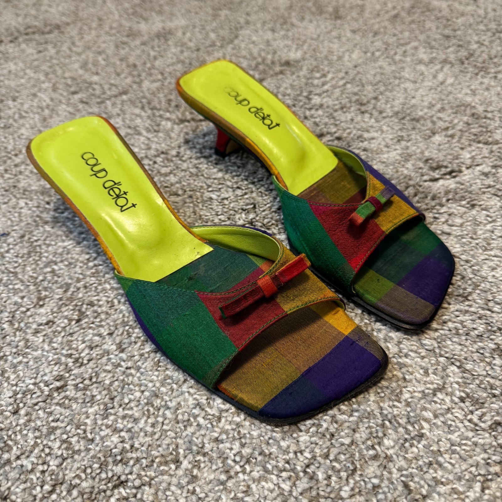 Vintage Kitten Heels 6 Colorful Rainbow Plaid Square Open Toe Spain Leather Sole
