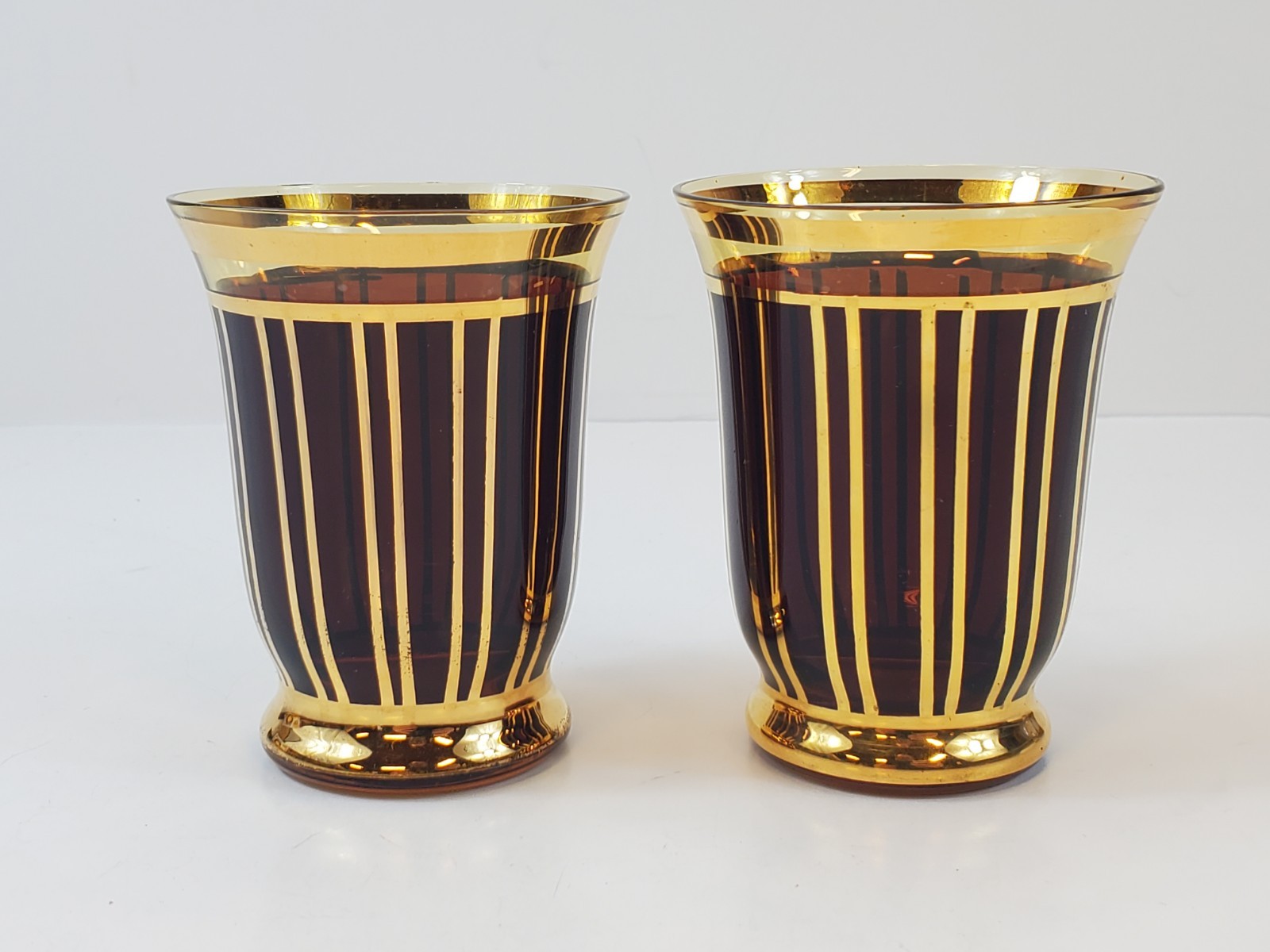 VTG MCM Art Deco Czech 3 Cocktail Glasses Gold Stripes Modernist Dark Amber Red