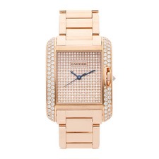 Cartier Tank Anglaise Rose Gold Auto Pave Diamond Bracelet Watch WT100012
