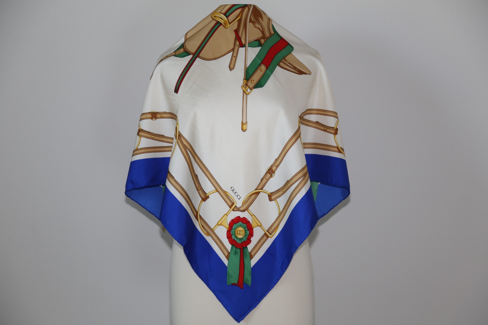 Authentic 80s Gucci silk twill scarf vintage blue brown gold green red ivory