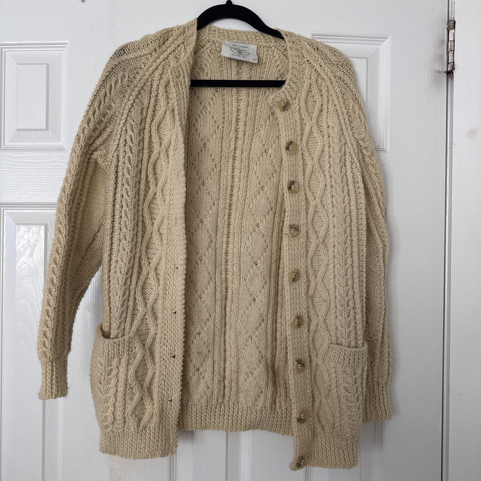 Vintage Pure New Wool Aran Fisherman Handmade Cable Knit Sweater  Size 36