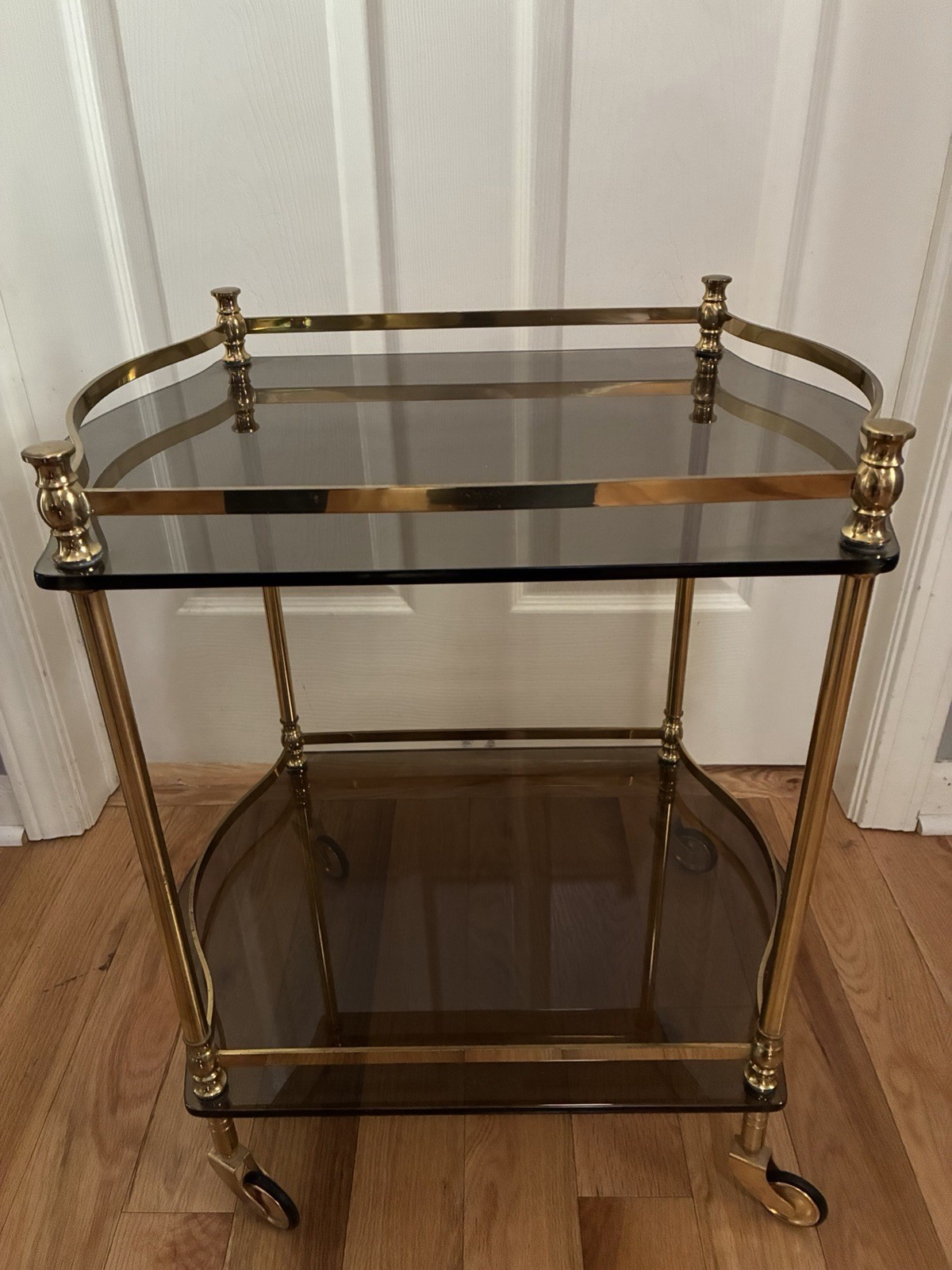 MCM Hollywood Regency Bar Cart 2 -Tier Smoked Glass /Gold Toned on Wheels VTG