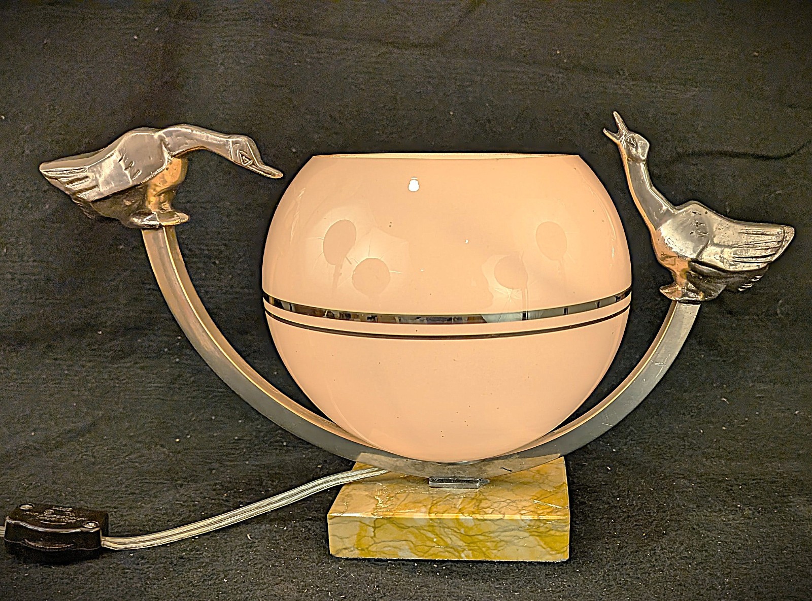 Vintage 1930s French Art Deco Table Lamp with Birds & Glass Shade
